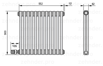 Схема (чертеж) Радиатор Zehnder Charleston 2090/12 №V003 Белый глянцевый RAL 9016